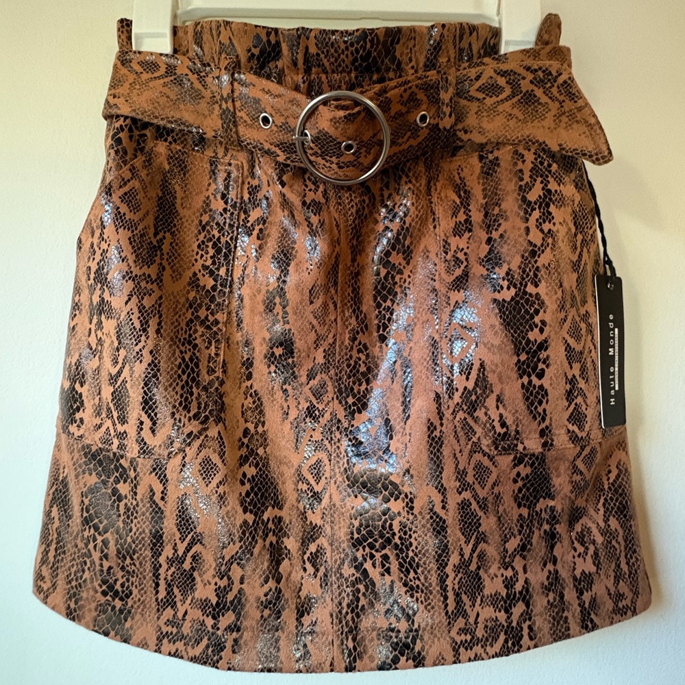 Haute Monde Tan Snake Print Mini Skirt with Belt